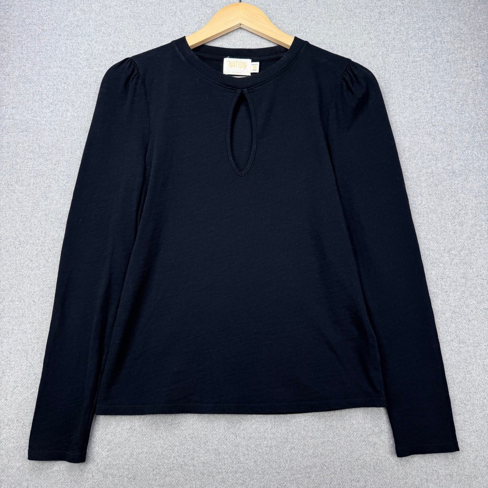 Nation LTD Dania Keyhole Puff Sleeve Top‎ Womens XS Black Cotton Minimalist